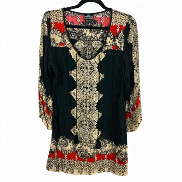 ANGIE Black Cream Tassel Rayon Long Sleeve Tunic Blouse Small - Picture 1 of 8